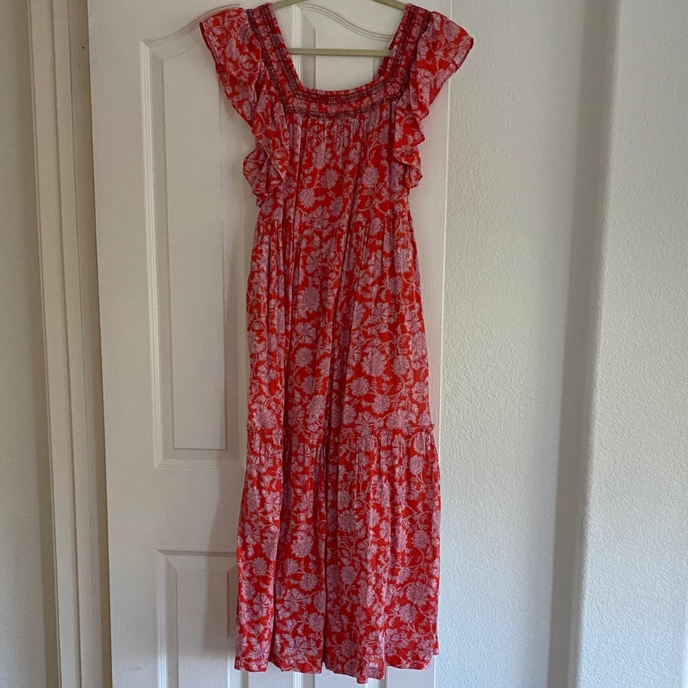 Free People Red and Pink Floral Maxi Dress with Ruffle Sleeves